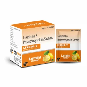 Lexgin-9 L-arginine and proanthocyanidin granules in lemon orange flavour by Neuark Pharmaceutical