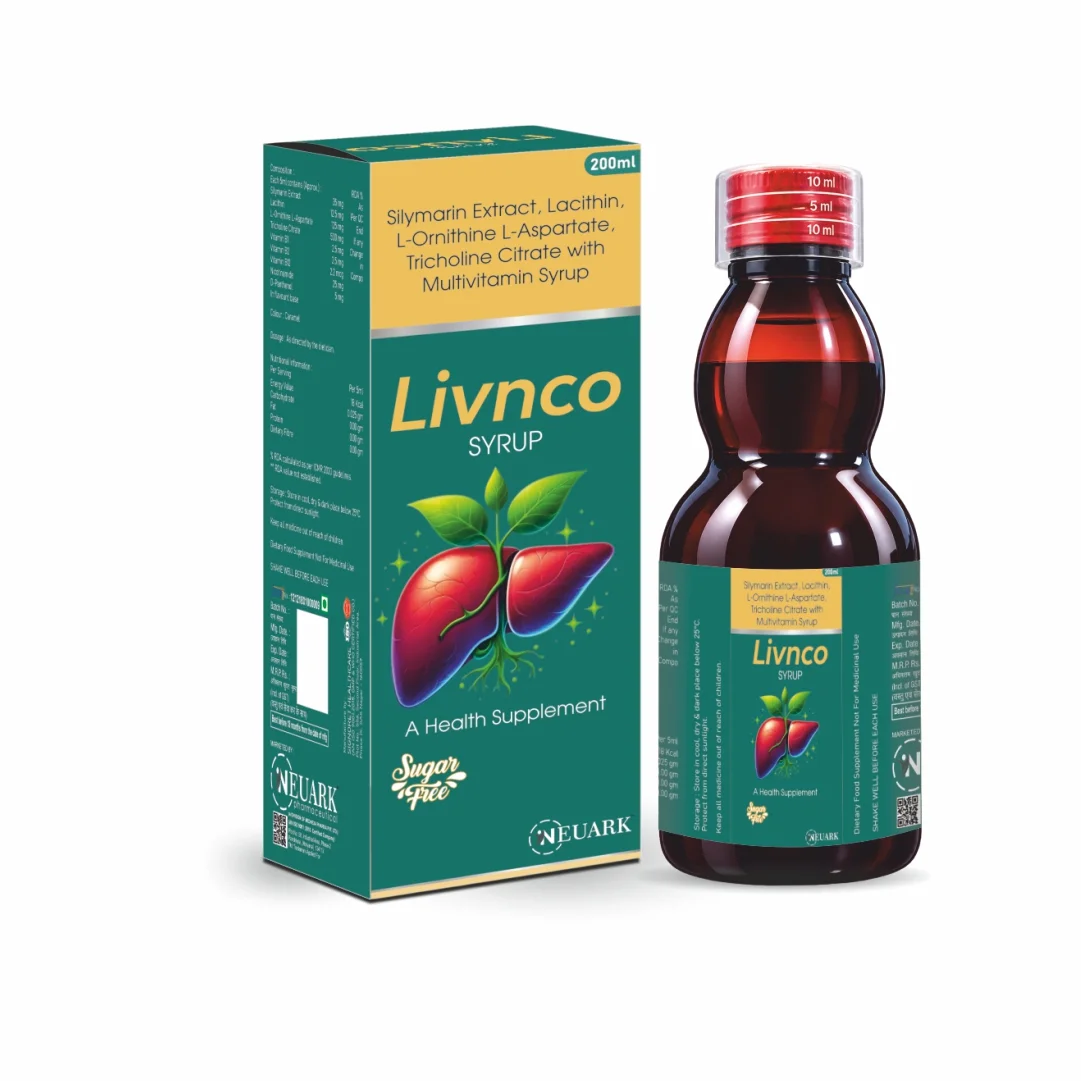 Livnco-200 Syrup is a nutraceutical formulation containing Silymarin, Lecithin, L-Ornithine L-Aspartate, Tricholine Citrate, and selected vitamins.