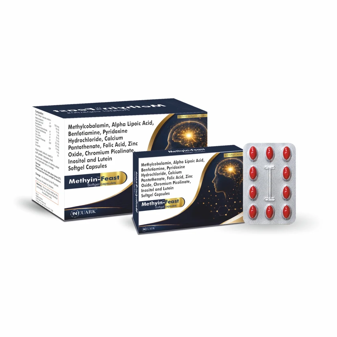 Methyin-Feast soft gel capsules containing Mecobalamin 1500 mcg, Alpha Lipoic Acid, Benfotiamine, vitamins and minerals