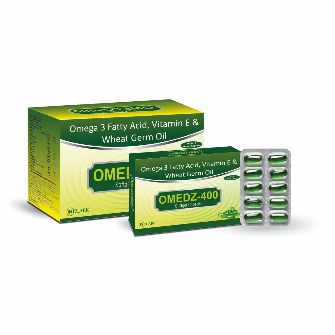 Omedz-400 soft gel capsules containing Omega-3 fatty acids, Vitamin E 400 IU and Wheat Germ Oil
