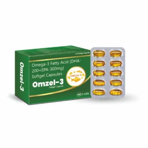 Omzel-3 omega-3 fatty acid soft gel capsules containing DHA 200 mg and EPA 300 mg