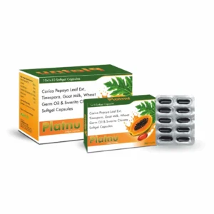 Platnu Ayurvedic soft gelatin capsules containing Tinospora cordifolia extract, Carica papaya extract, goat milk powder and Vitamin E