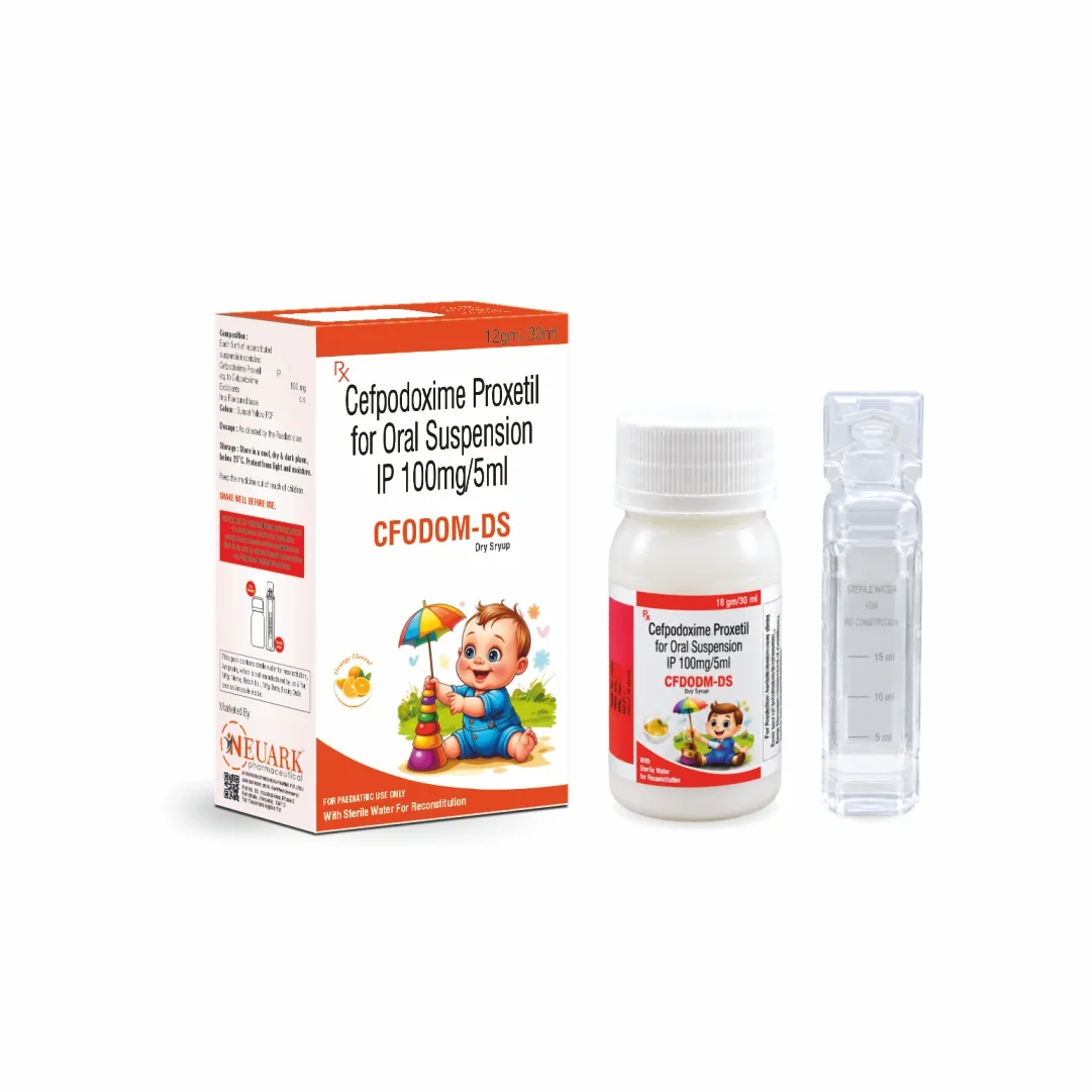 Cfodom-DS Cefpodoxime Proxetil 100 mg pediatric antibiotic 30 mL bottle with carton