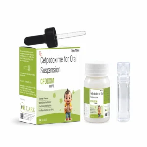 Cfodom-Drop Cefpodoxime 25 mg paediatric antibiotic drops in a 10 mL pack with carton