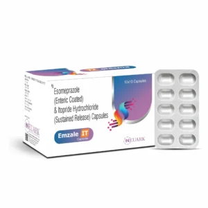# Emzale-I – Esomeprazole Magnesium 40 mg & Itopride Hydrochloride 150 mg ## Product Overview **Emzale-I** is a combination formulation containing esomeprazole magnesium 40 mg, provided as enteric-coated pellets, and itopride hydrochloride 150 mg. Esomeprazole reduces stomach acid production, while itopride helps support upper gastrointestinal motility. Healthcare professionals may consider this combination for selected acid-related gastrointestinal conditions accompanied by symptoms associated with impaired gastric motility, when both ingredients are clinically appropriate. Emzale-I is listed in the General Physician (G.P.) and Gynae product segments and is supplied in Alu-Alu packaging of 10 × 10 units. It should be used according to the approved product information and professional advice. ## Therapeutic Segment **Gastroenterology | Acid-Related Disorders | Gastrointestinal Motility** ## Uses of Emzale-I A healthcare professional may consider Emzale-I for selected patients with: - Acid-related upper gastrointestinal symptoms requiring acid suppression. - Gastro-oesophageal reflux symptoms, when the formulation is appropriate. - Upper gastrointestinal discomfort associated with delayed gastric motility, where itopride is clinically indicated. - Combined acid-related and motility symptoms requiring individualised assessment. The appropriate indication depends on the patient's diagnosis, medical history and the approved product label. Not every case of acidity, bloating or indigestion requires a combination medicine. ## Key Benefits - **Acid Suppression:** Esomeprazole reduces gastric acid secretion. - **Gastrointestinal Motility Support:** Itopride promotes upper gastrointestinal motility through its pharmacological actions. - **Complementary Mechanisms:** The two ingredients act through different pathways. - **Enteric-Coated Pellets:** The supplied composition identifies esomeprazole magnesium in enteric-coated pellet form. - **Convenient Packaging:** Supplied in Alu-Alu packaging of 10 × 10 units. Individual results vary, and treatment benefits depend on the underlying condition and suitability of the formulation. ## How Emzale-I Works **Esomeprazole magnesium** belongs to the proton pump inhibitor (PPI) class. It suppresses the gastric proton pump in stomach cells, reducing acid secretion. The enteric coating helps protect the acid-sensitive ingredient during passage through the stomach. **Itopride hydrochloride** acts through dopamine D2 receptor antagonism and acetylcholinesterase inhibition. These actions can enhance gastrointestinal motility and help support stomach emptying in selected patients. ## Possible Side Effects Possible side effects may include: - Headache. - Abdominal discomfort. - Nausea. - Diarrhoea or constipation. - Dizziness. - Changes in bowel habits. Side effects vary between individuals. Seek medical advice if symptoms persist, worsen or interfere with daily activities. Obtain urgent medical assessment for severe allergic symptoms or other serious reactions. ## Important Safety Information - **Medical supervision:** Use Emzale-I according to the approved label and advice from a qualified healthcare professional. - **Medical history:** Inform your healthcare professional about liver or kidney problems, other medical conditions and all medicines or supplements you take. - **Drug interactions:** Esomeprazole and itopride may interact with certain medicines. Have your current medication list reviewed before use. - **Pregnancy and breastfeeding:** Seek medical advice before taking this combination. - **Persistent symptoms:** Recurrent vomiting, difficulty swallowing, unexplained weight loss, gastrointestinal bleeding or severe abdominal pain require prompt medical evaluation. - **Avoid self-medication:** Do not increase the dose or extend the treatment period without professional advice. ## Dosage and Administration Take Emzale-I only as directed by the prescribing healthcare professional and approved product label. The appropriate dose, timing and duration depend on the diagnosis, patient factors and formulation instructions. Follow the label's instructions for administration. Do not crush or chew enteric-coated pellets unless the approved product information specifically permits it. ## Storage Instructions Store Emzale-I according to the conditions stated on the approved product label. Keep the product in its original packaging, away from children, and do not use it after the expiry date. ## Frequently Asked Questions (FAQs) ### 1. What is Emzale-I? Emzale-I is a combination formulation containing esomeprazole magnesium 40 mg in enteric-coated pellets and itopride hydrochloride 150 mg. ### 2. What is esomeprazole used for? Esomeprazole reduces stomach acid and is used for selected acid-related gastrointestinal conditions when prescribed appropriately. ### 3. What does itopride hydrochloride do? Itopride helps support upper gastrointestinal motility through its effects on dopamine receptors and acetylcholin